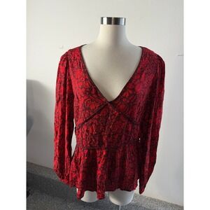 NEW Knox Rose Womens Large Burgundy Floral Metallic Stripe Peasant Blouse Top